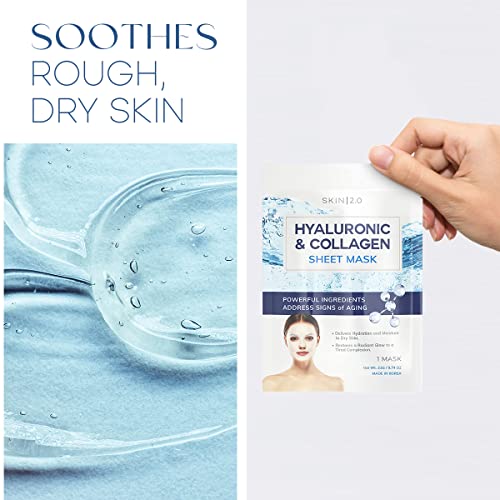 Hyaluronic Acid and Collagen Sheet Face Mask - Boosts Moisture, Skin Firming, Reduces Signs of Aging, Hydrating Sheet Mask - Cruelty Free Korean Skin Care For All Skin Types - 5 Masks