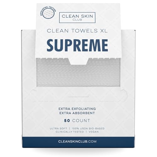 Clean Skin Club Clean Towels XL, 100% USDA Biobased Dermatologist Approved Face Towel, Disposable Clinically Tested Face Towelette, Makeup Remover Dry Wipes, Ultra Soft, 50 Ct, 1 Pack