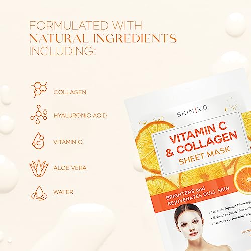 Hyaluronic Acid and Collagen Sheet Face Mask - Boosts Moisture, Skin Firming, Reduces Signs of Aging, Hydrating Sheet Mask - Cruelty Free Korean Skin Care For All Skin Types - 5 Masks