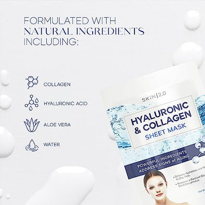 Hyaluronic Acid and Collagen Sheet Face Mask - Boosts Moisture, Skin Firming, Reduces Signs of Aging, Hydrating Sheet Mask - Cruelty Free Korean Skin Care For All Skin Types - 5 Masks